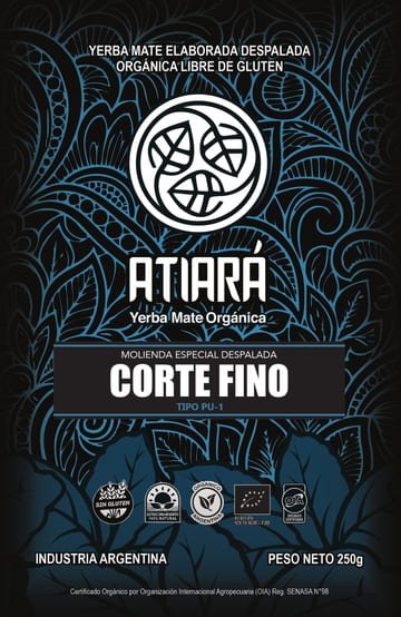 Etiqueta de Atiará Corte Fino, envase negro con trama azul.
