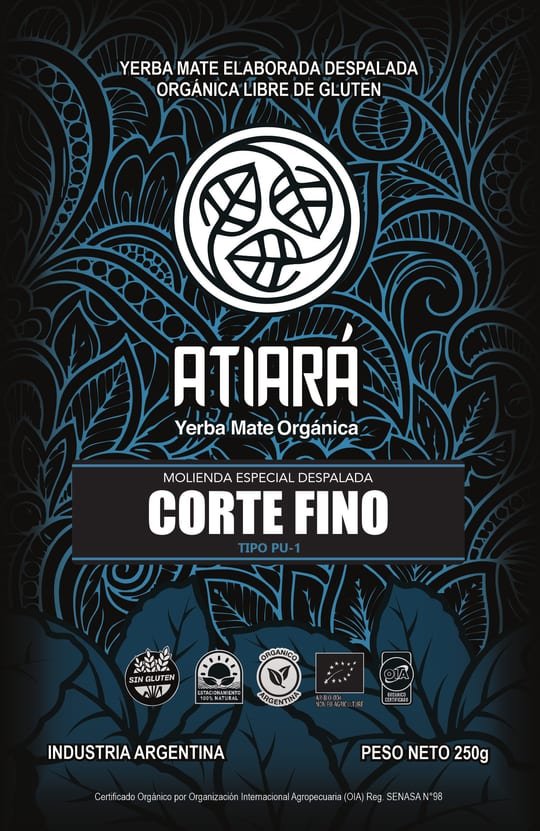 Etiqueta de Atiará Corte Fino: fondo negro con trama botánica azul.