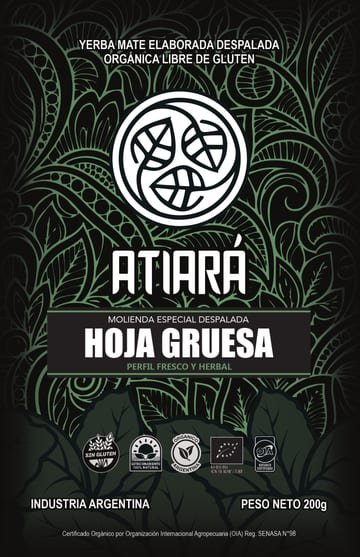 Etiqueta de Atiará Hoja Gruesa, envase negro con trama verde.