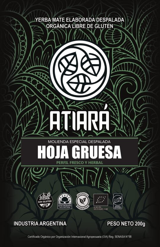 Etiqueta de Atiará Hoja Gruesa: fondo negro con trama botánica verde.